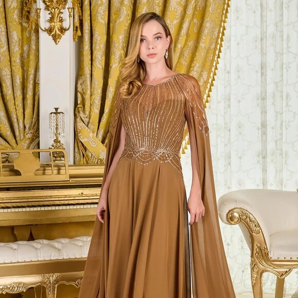 New A-Line Soft Chiffon Beaded Mother Of Bride Gown w/ Cape Sleeves GL3785 - Picture 8 of 14